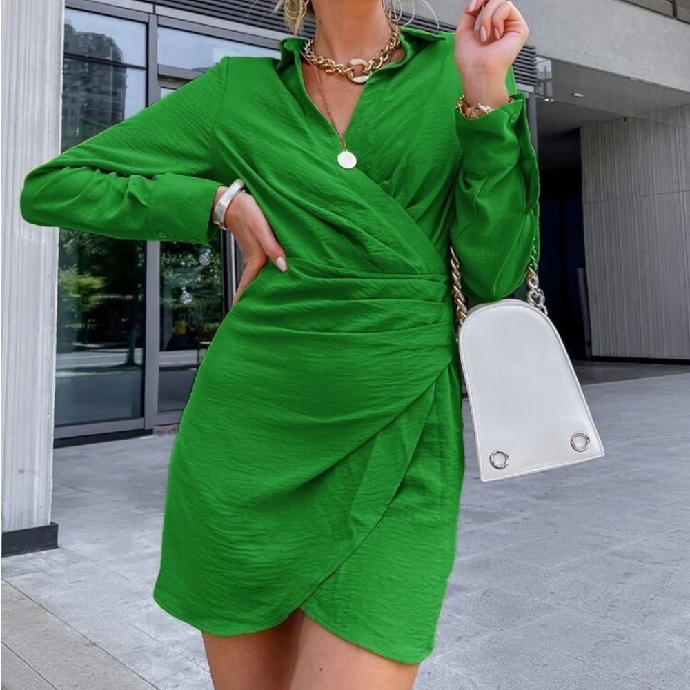 Green Long Sleeve Wrap Dress
